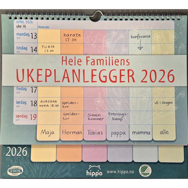 931425 Hippo 9314 Kalender, Ukeplanlegger 2026 Miljømerket, Hippo, Resirkulert papir!