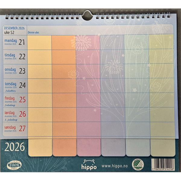 931425 Hippo 9314 Kalender, Ukeplanlegger 2026 Miljømerket, Hippo, Resirkulert papir!