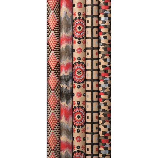 33153  33053 232137 Gavepapir, ETHNIC ELEGANCE, småruller 2x0,7m, 5 ass. design, brunt kraftpapir